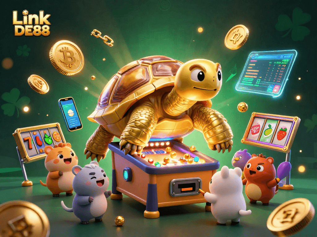 Engage in thrilling gameplay at Link DE88 with vibrant casino elements surrounding a golden tortoise.
