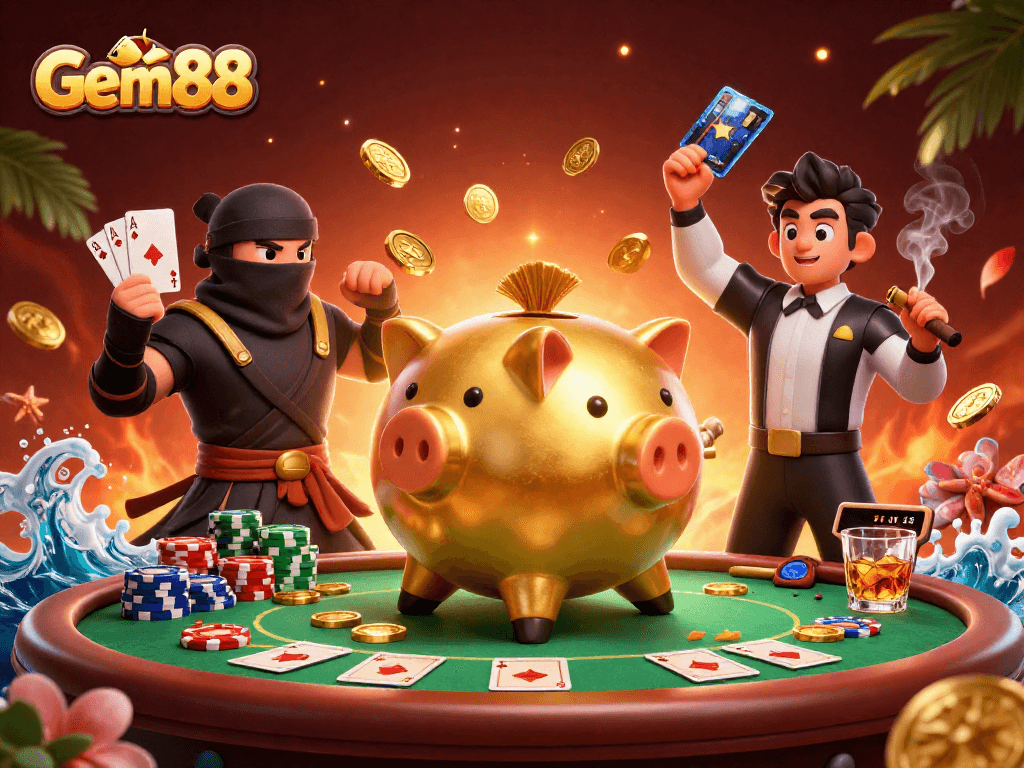 Engage in thrilling gaming adventures at Gem88 with vibrant 3D casino characters and dynamic action.