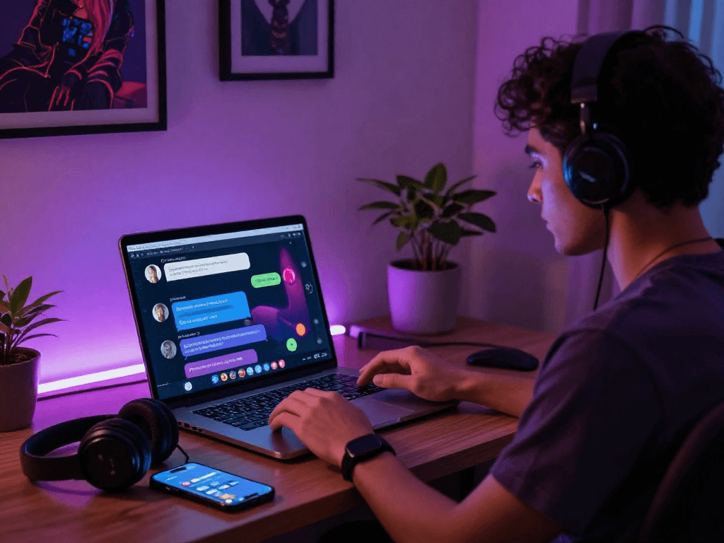 Engaging nsfw AI chat scene with user interacting in a cozy tech environment.