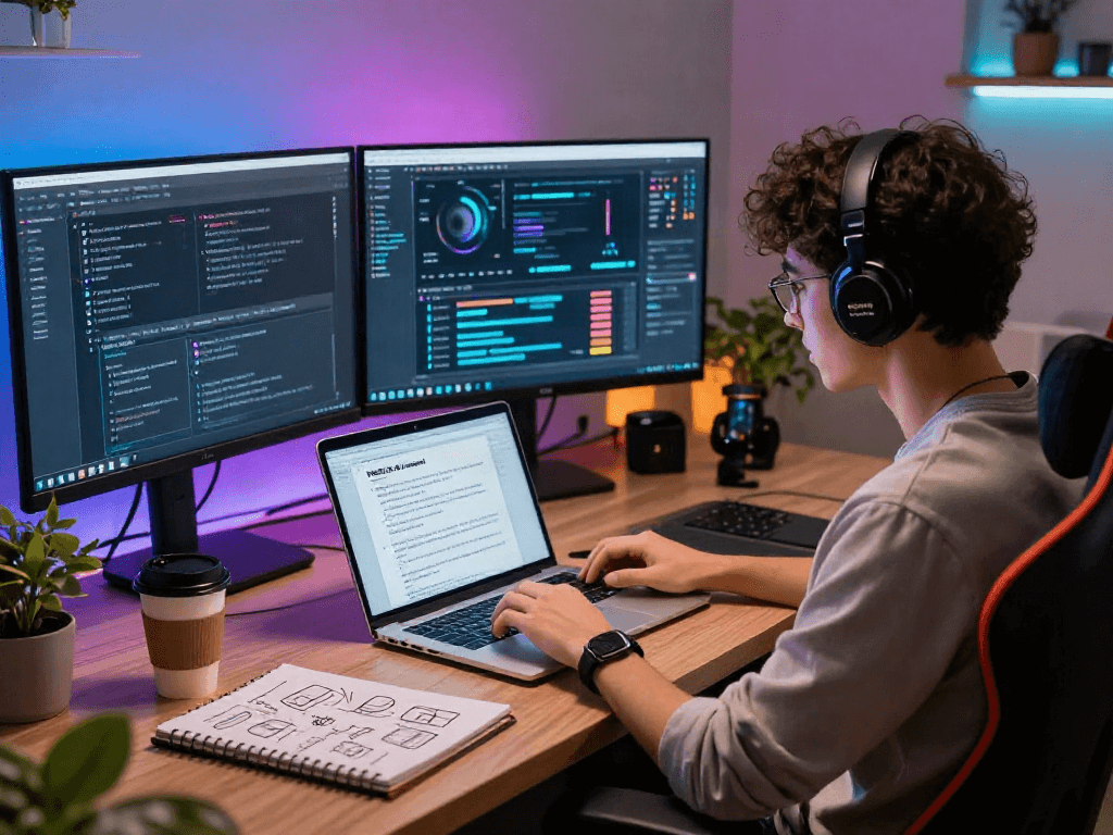 Engaging scene of an individual in a modern workspace participating in an NSFW AI chat, with dual monitors, notepad, and ambient lighting.