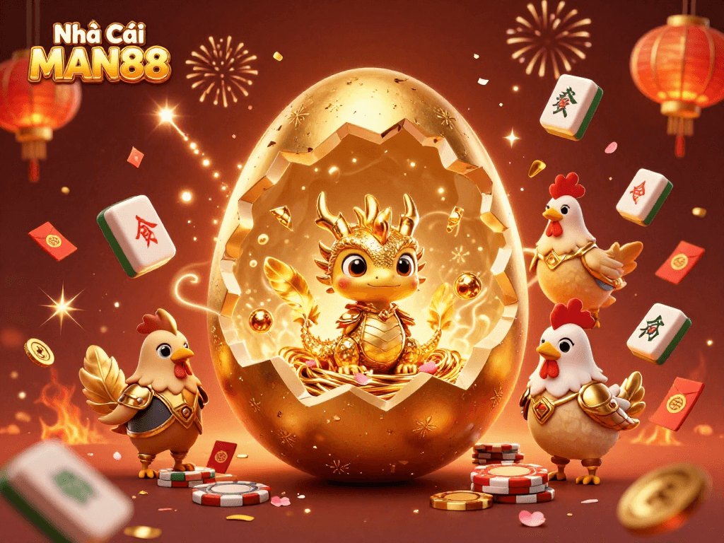 Engage with Nhà Cái MAN88 as a golden baby dragon emerges from an egg of wealth.