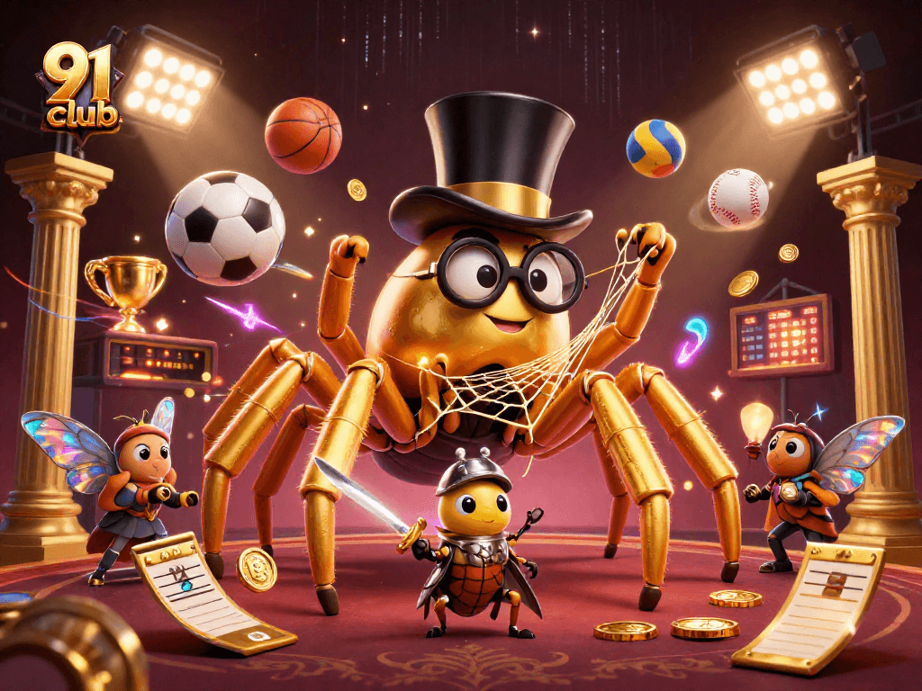 Engaging illustration showcasing 91 club excitement with golden tarantula and beetle knight surrounded by dynamic casino elements