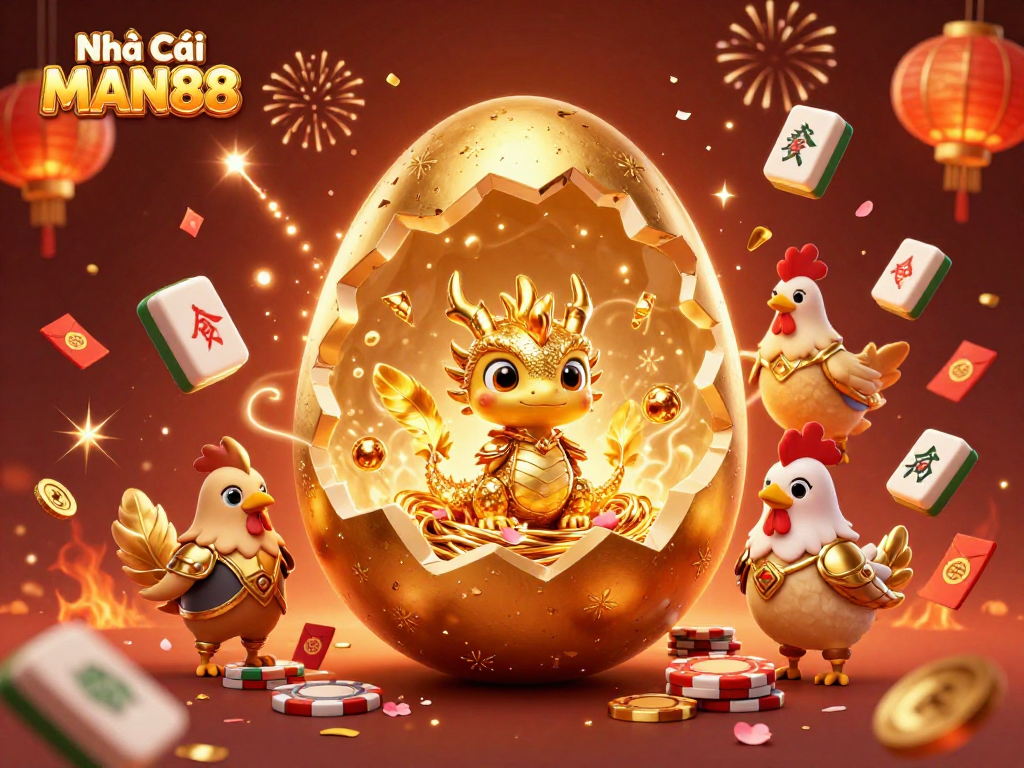 Engage with Nhà Cái MAN88 as a golden baby dragon emerges from an egg of wealth.
