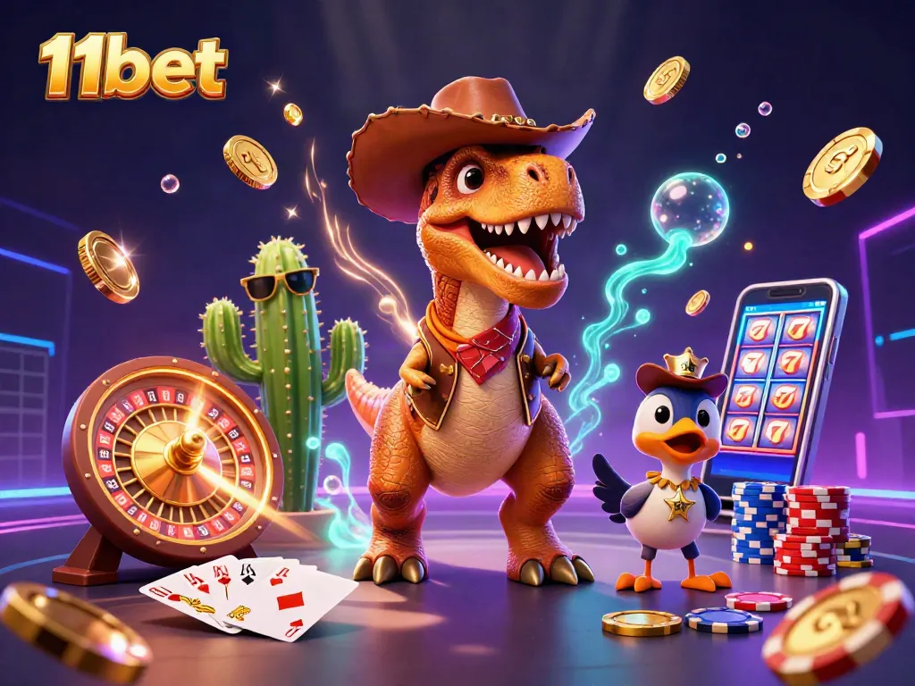 Engage with 11bet as a 3D cartoon dinosaur cowboy wins with sparkling gems and casino elements
