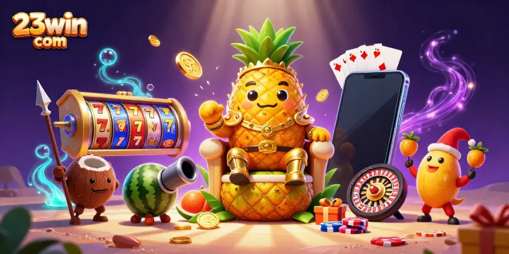 Experience the thrilling slots action with 23win com's colorful casino illustration.