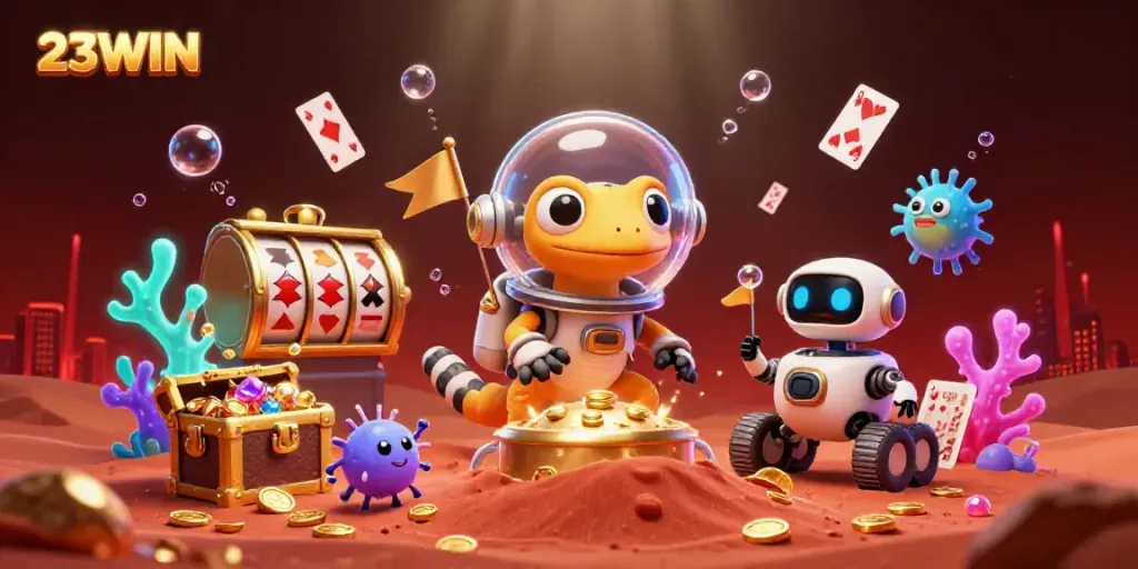 Experience thrilling gameplay at 23WIN as a Martian gecko uncovers a hidden casino treasure.