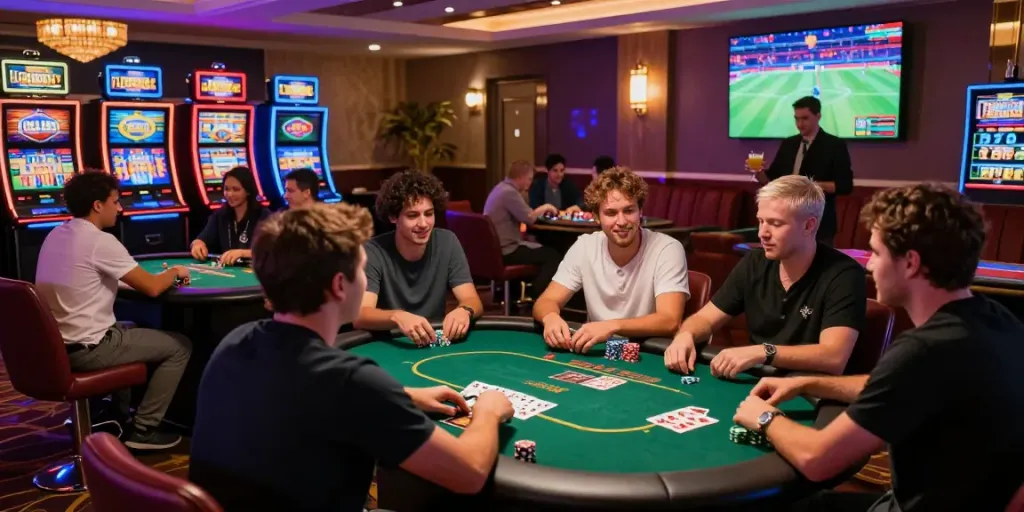 Players enjoying sites not on gamstop in a lively casino atmosphere filled with excitement.