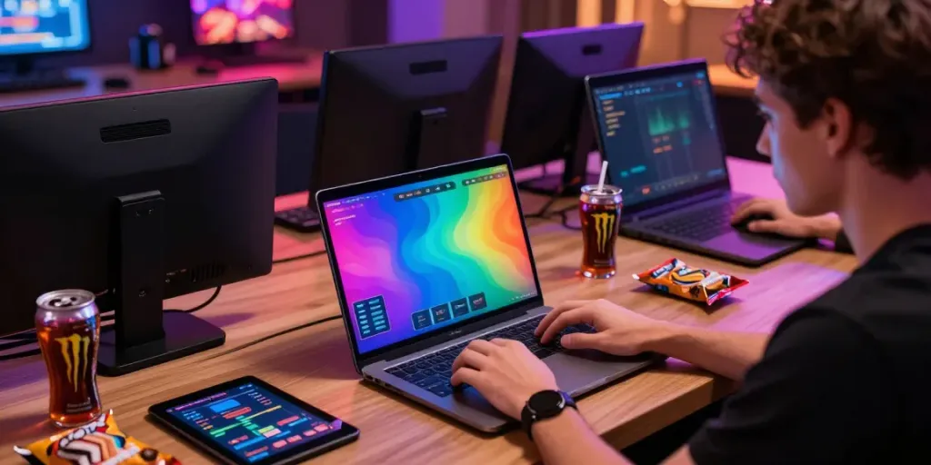 Engaging scene of a player exploring sites not on GamStop on a laptop, showcasing colorful casino graphics.