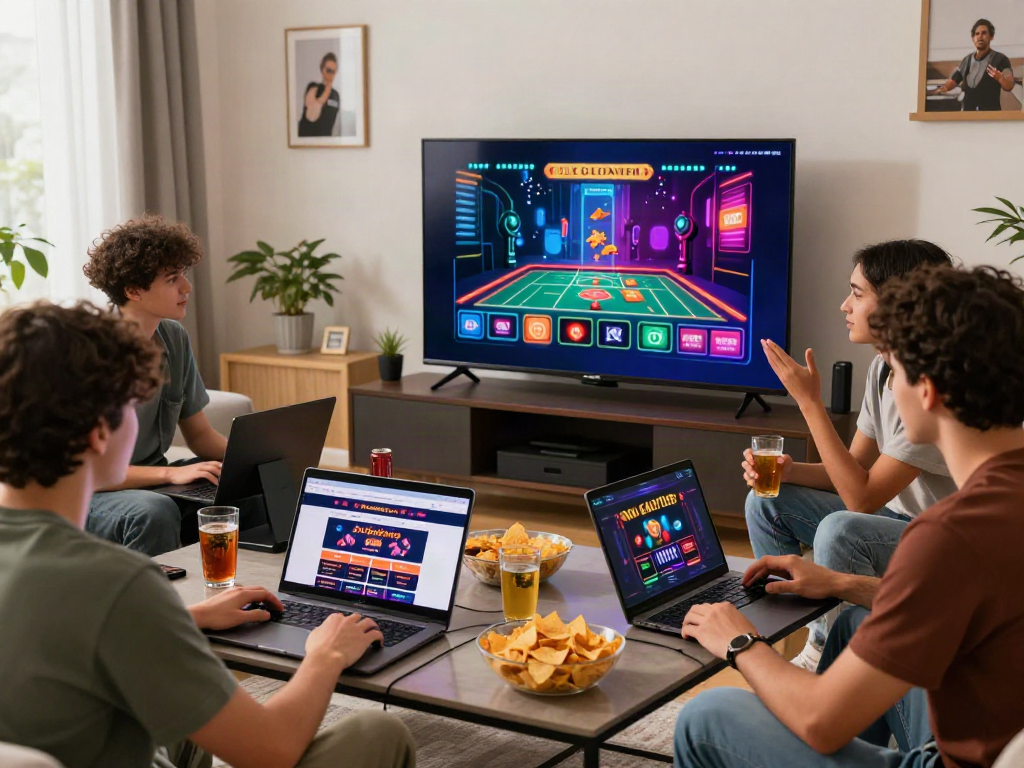 Group of friends enjoying sites not on GamStop in a lively gaming session.