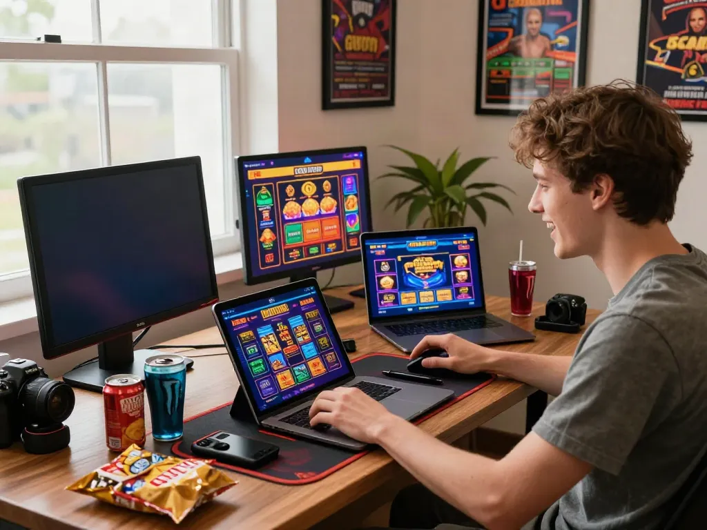 Exciting scene featuring sites not on GamStop, showcasing varied online casino games on devices.