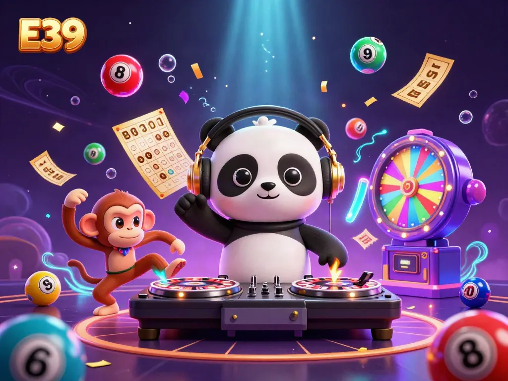 E39 casino scene with DJ panda, breakdancing monkey, and glow-stick kitten in dynamic play.