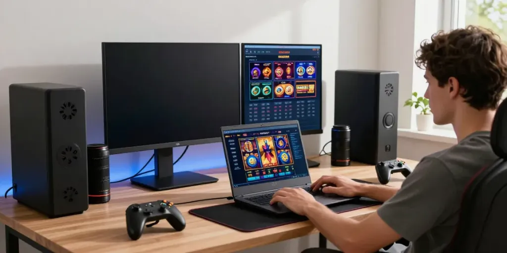 Engaging home gaming setup showcasing vibrant online casino games from sites not on gamstop.