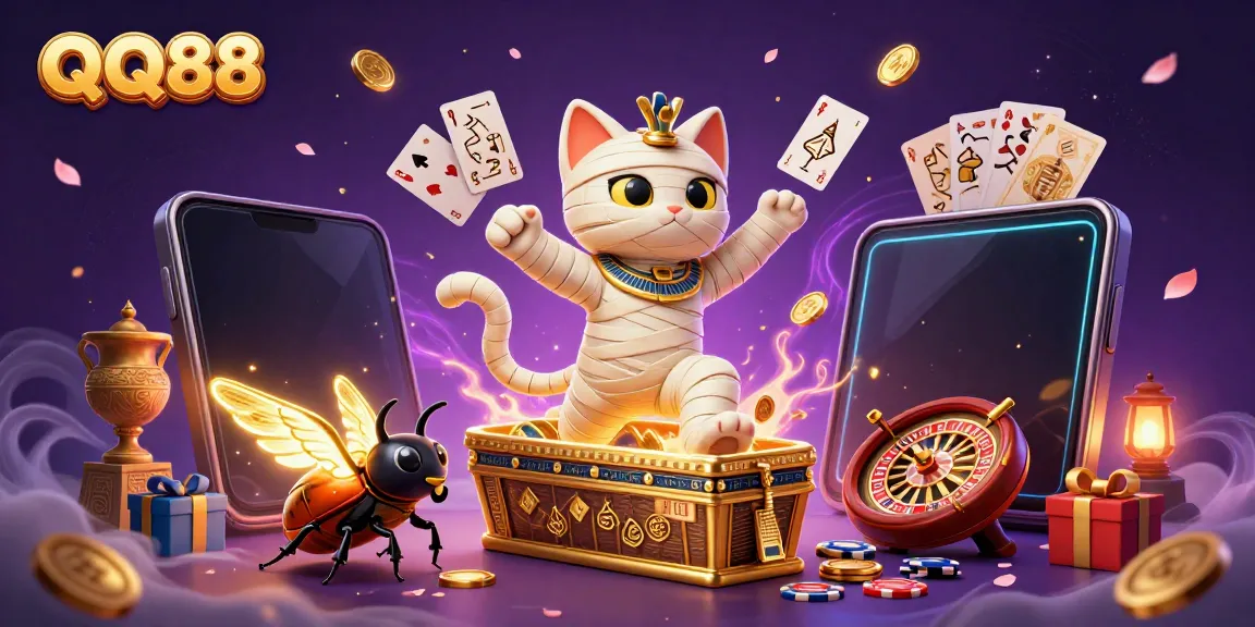 Experience the excitement of QQ88 with a 3D mummy cat and casino elements bursting into action.