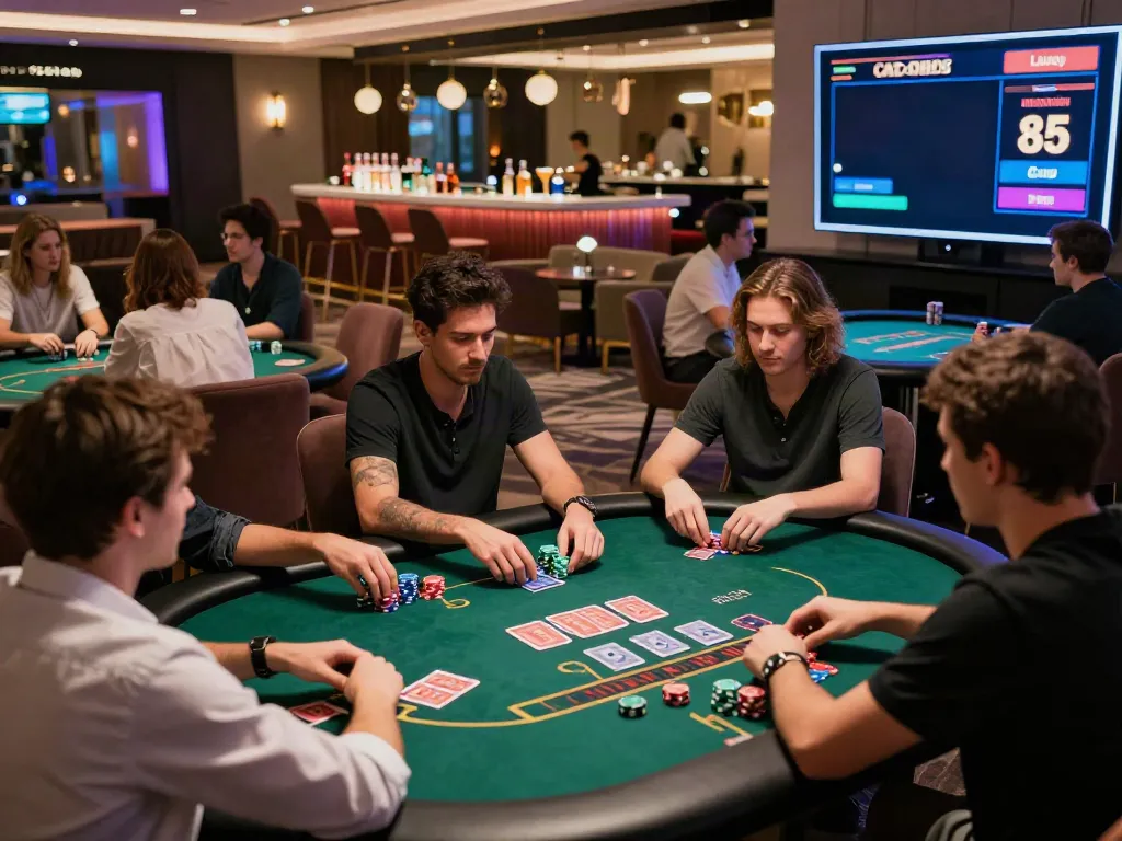 Engaging gaming scene at casinos not on GamStop with diverse players and vibrant atmosphere.
