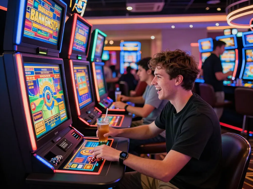 Player enjoying games at trusted sites not on Gamstop casino with vibrant slot machines and dynamic atmosphere