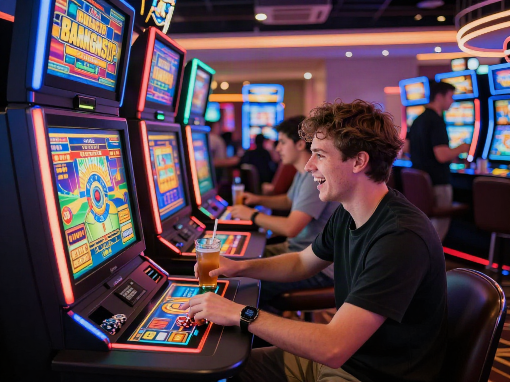 Player enjoying games at trusted sites not on Gamstop casino with vibrant slot machines and dynamic atmosphere