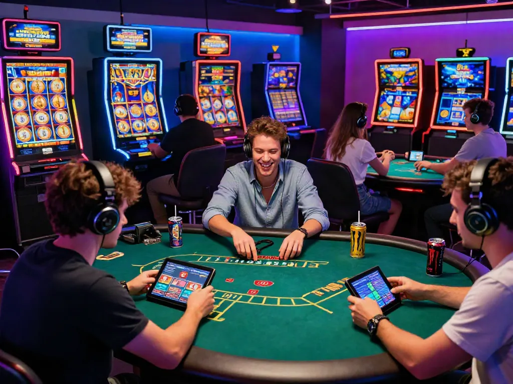 Engaged players enjoying games at a vibrant casino scene depicting sites not on GamStop.