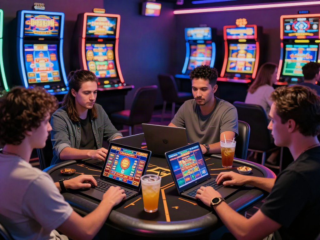 Engaging scene of players enjoying games at sites not on GamStop in a modern casino lounge.