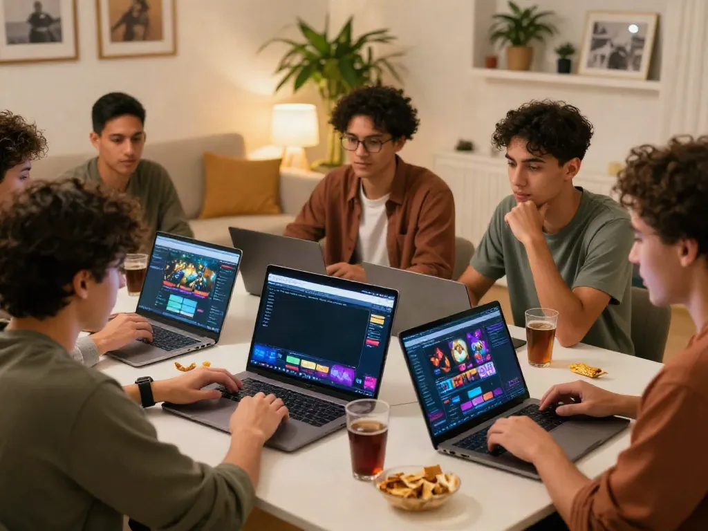 Friends enjoying a lively discussion about sites not on Gamstop in a cozy living room.