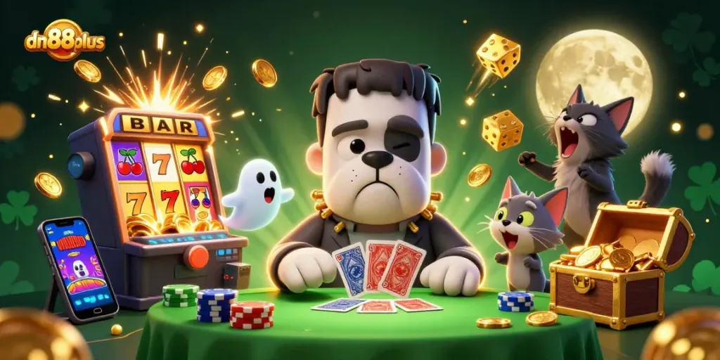 Win jackpots at dn88plus with a 3D cartoon scene featuring slots, cards, and vibrant casino elements.