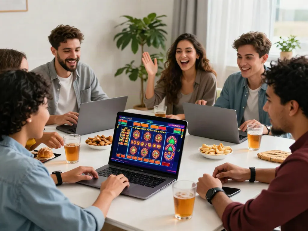 Friends enjoying gaming at casinos not on GamStop in a lively home atmosphere.