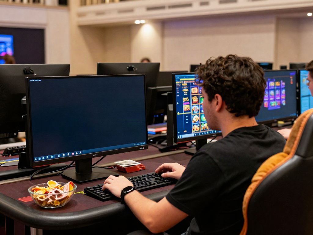 Player engaging with sites not on GamStop at colorful desktop setup with gaming monitors and illuminated atmosphere.