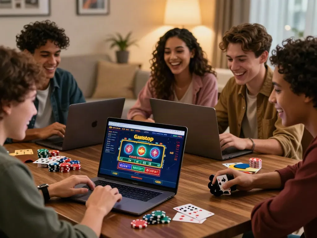 Friends enjoying sites not on gamstop at home, with casino graphics on laptop