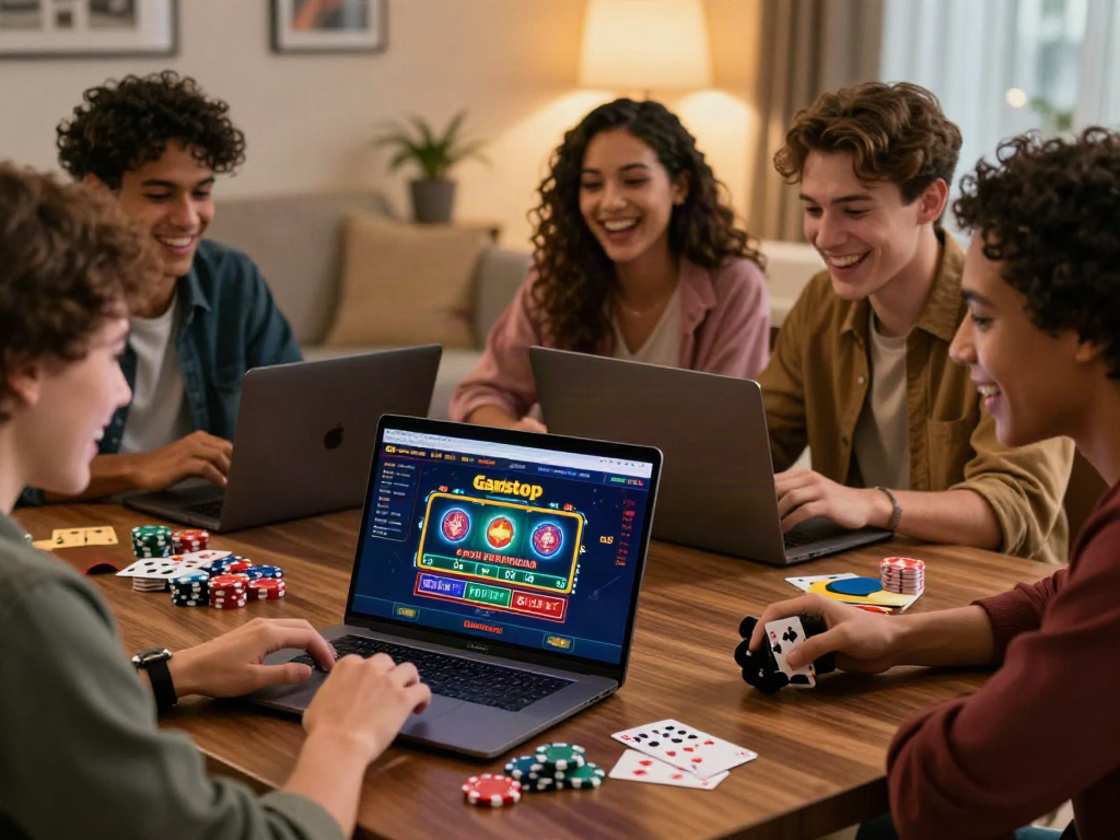 Friends enjoying sites not on gamstop at home, with casino graphics on laptop