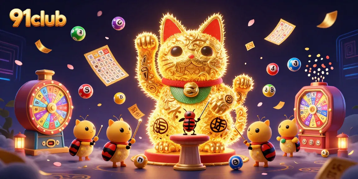 Experience the vibrant energy of 91club with dynamic lottery elements and a lucky cat in a casino scene.