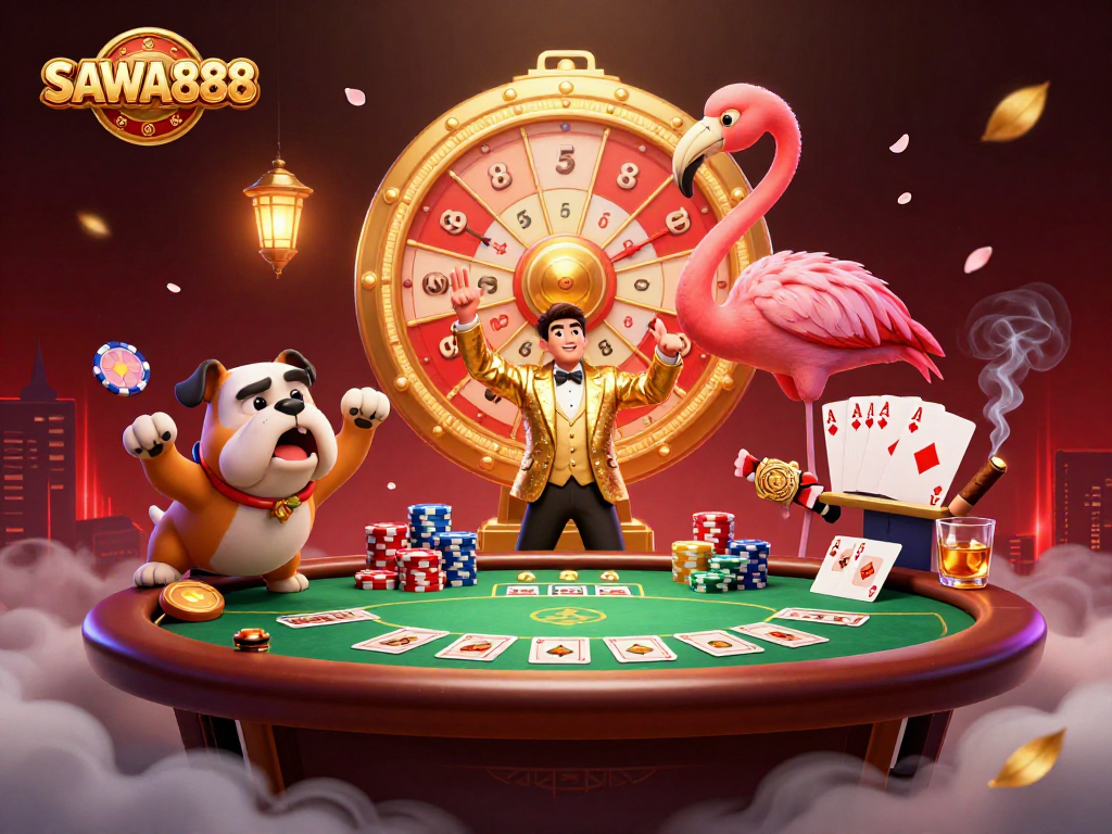 SAWA888 spins thrilling prizes with a lively game show scene featuring a flamingo host and contestant bulldog.