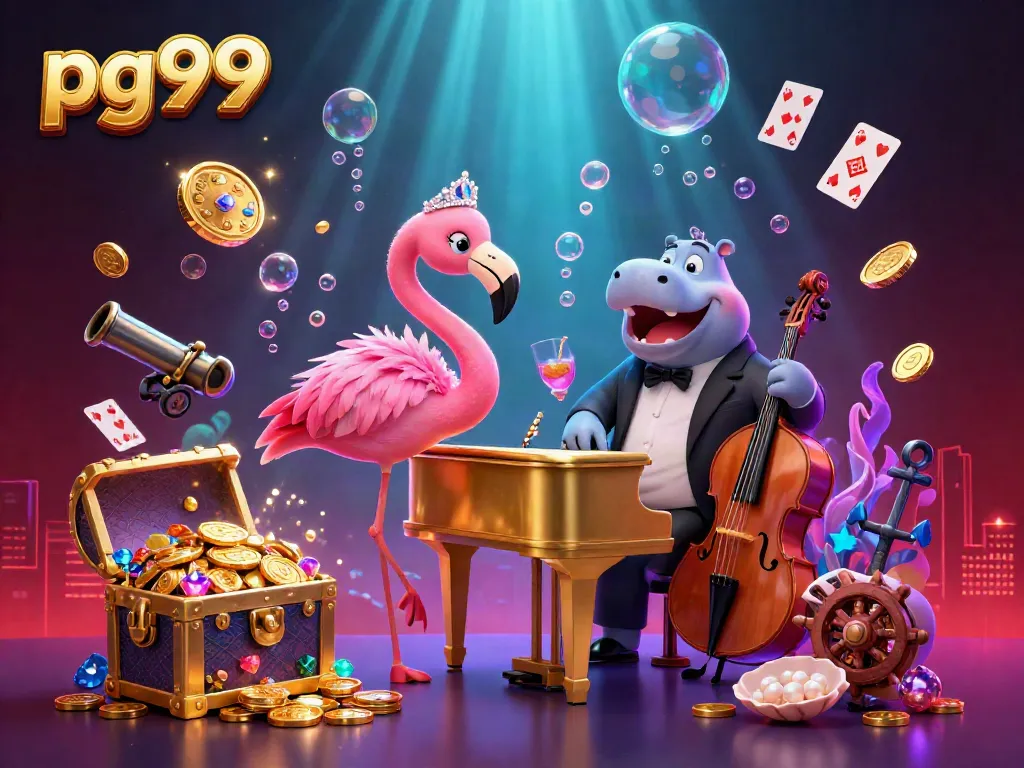 Experience pg99's vibrant casino atmosphere with a lively flamingo singer and hippo bassist amidst treasures.