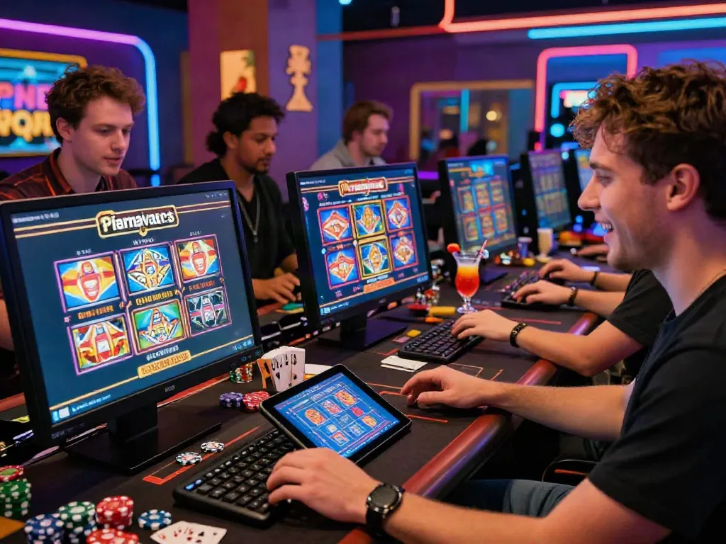 Group of players exploring sites not on GamStop in a lively online casino atmosphere