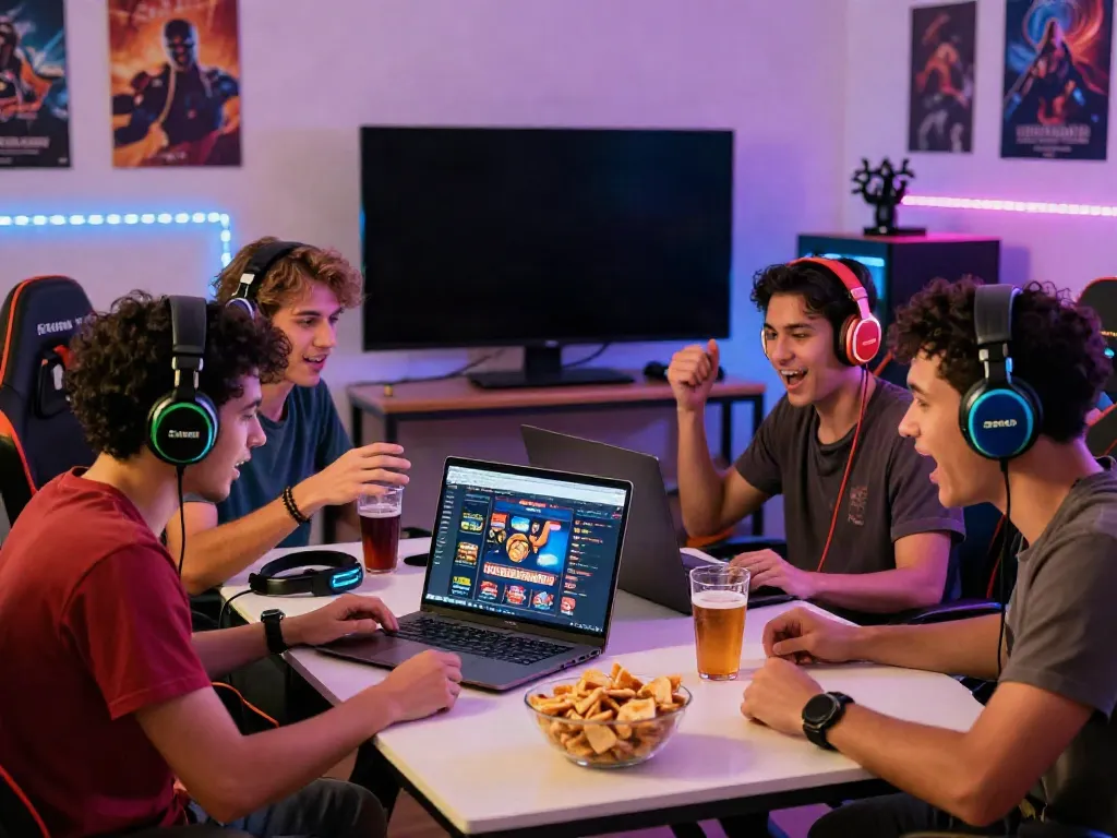 Group of friends discussing sites not on GamStop in a cozy gaming lounge.