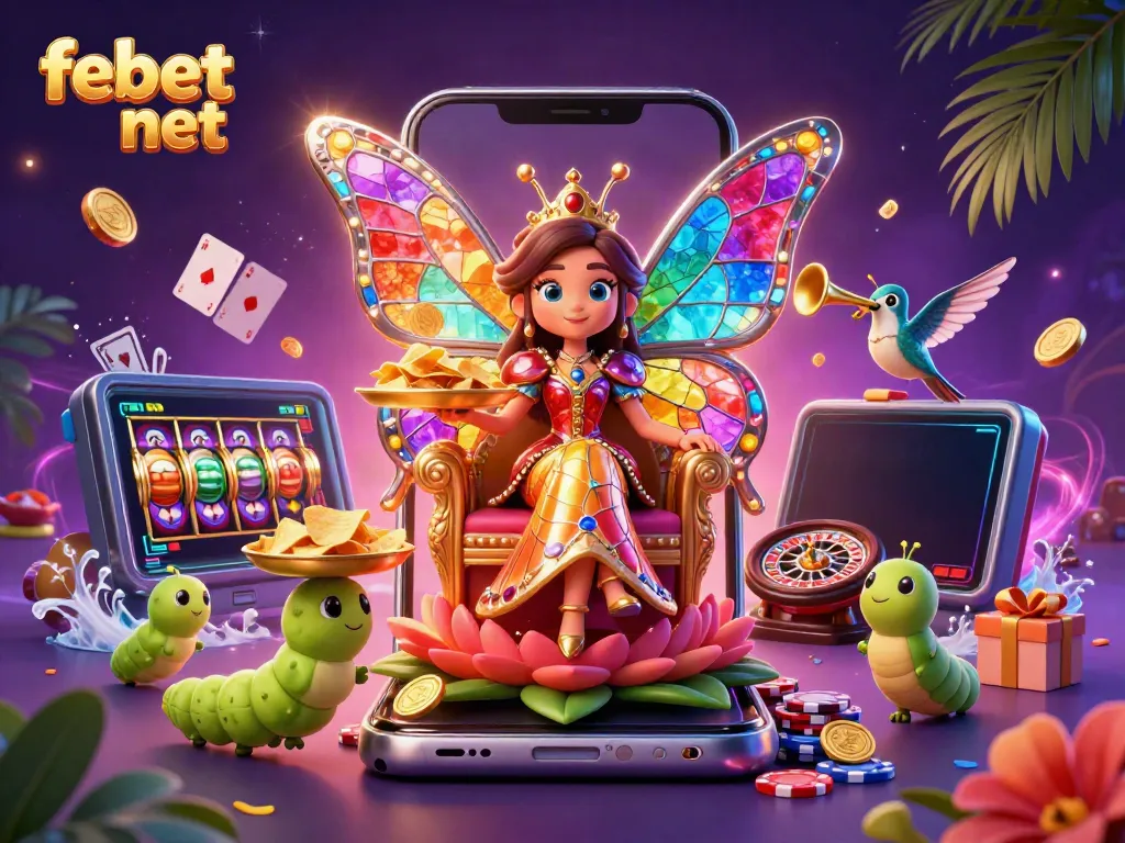 Experience the vibrant world of febet net with colorful games, a butterfly queen, and dynamic casino elements in a rich 3D illustration.