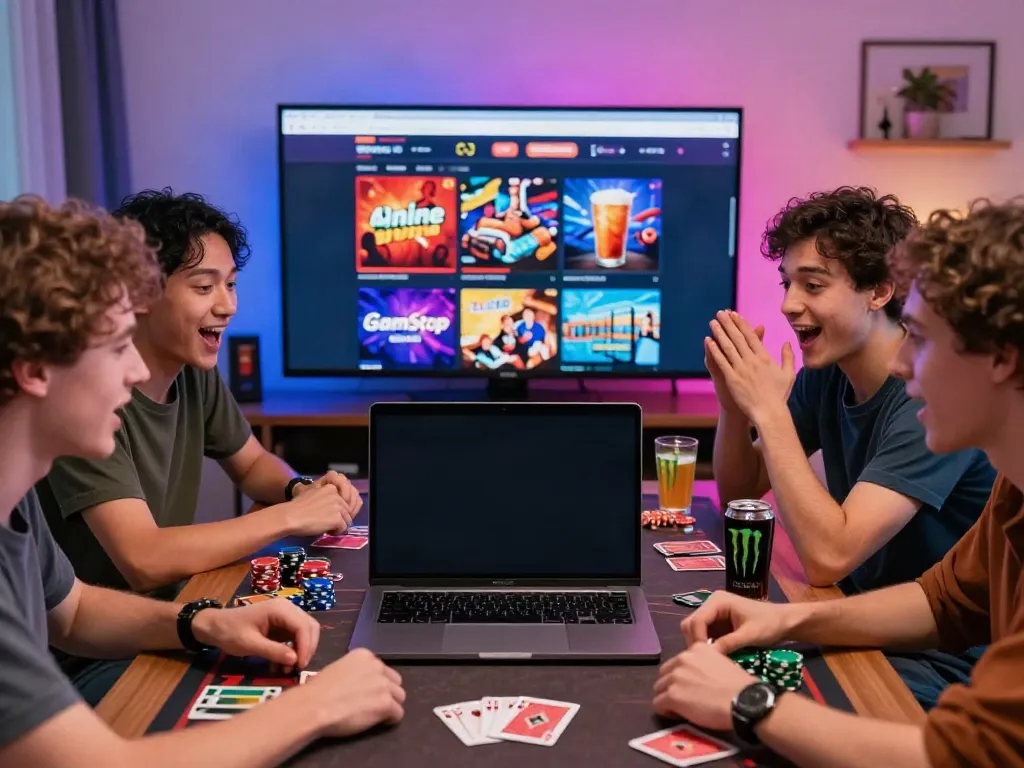 Friends enjoying gaming sessions on sites not on GamStop in a vibrant home setting.