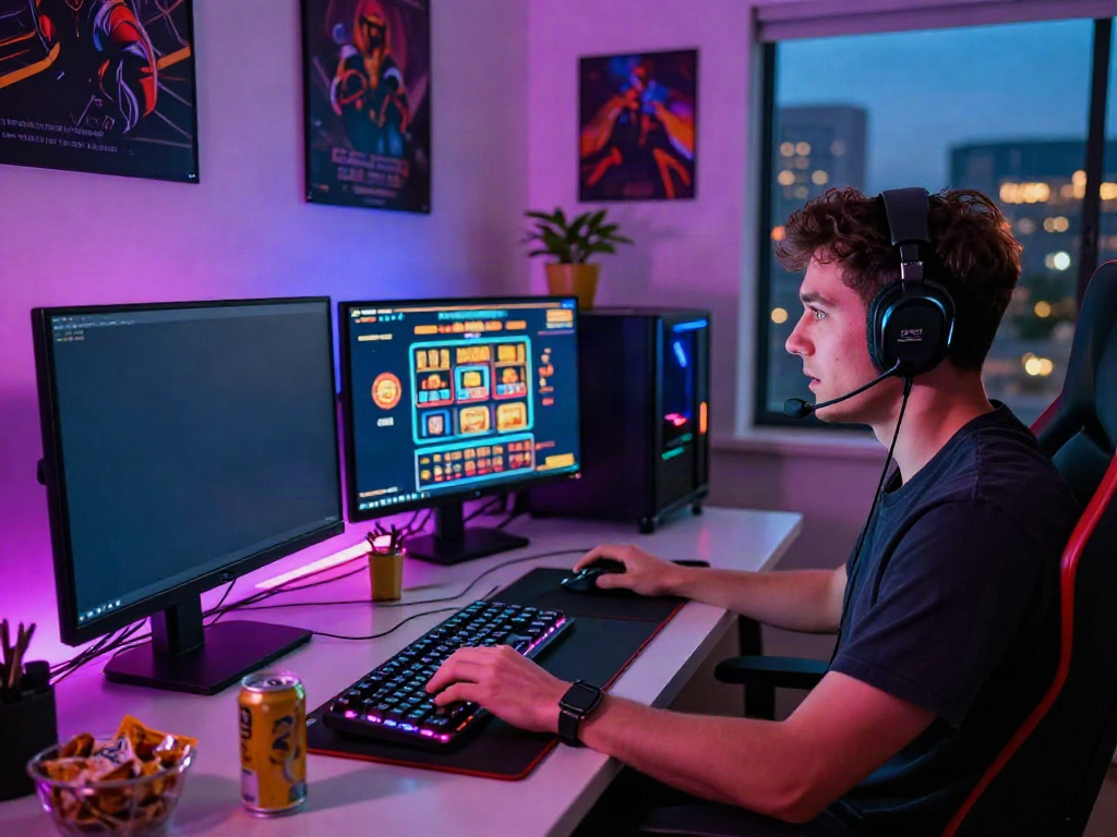 Exciting home office gaming setup featuring sites not on gamstop with vibrant lighting and casino games.