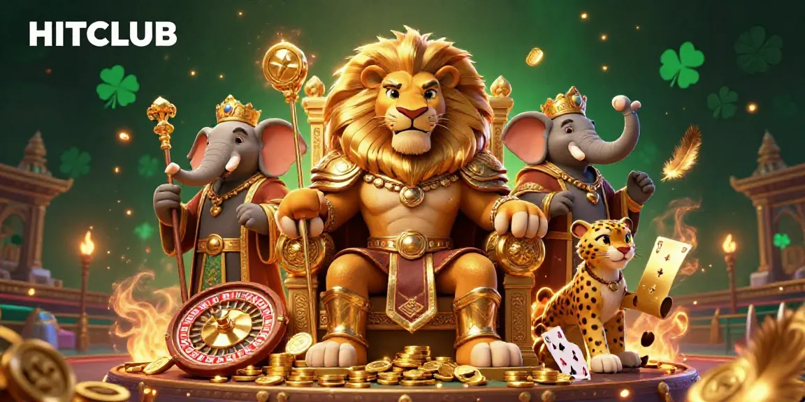 Experience the excitement of HITCLUB with a lion king, elephant advisor, and cheetah messenger in a live casino setting.