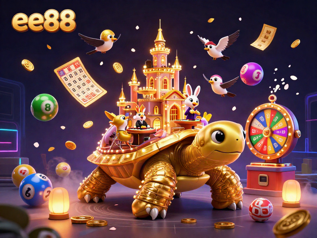 Experience the excitement of ee88 with a vibrant 3D illustration showcasing a casino scene on a tortoise's shell, featuring dynamic gambling elements.