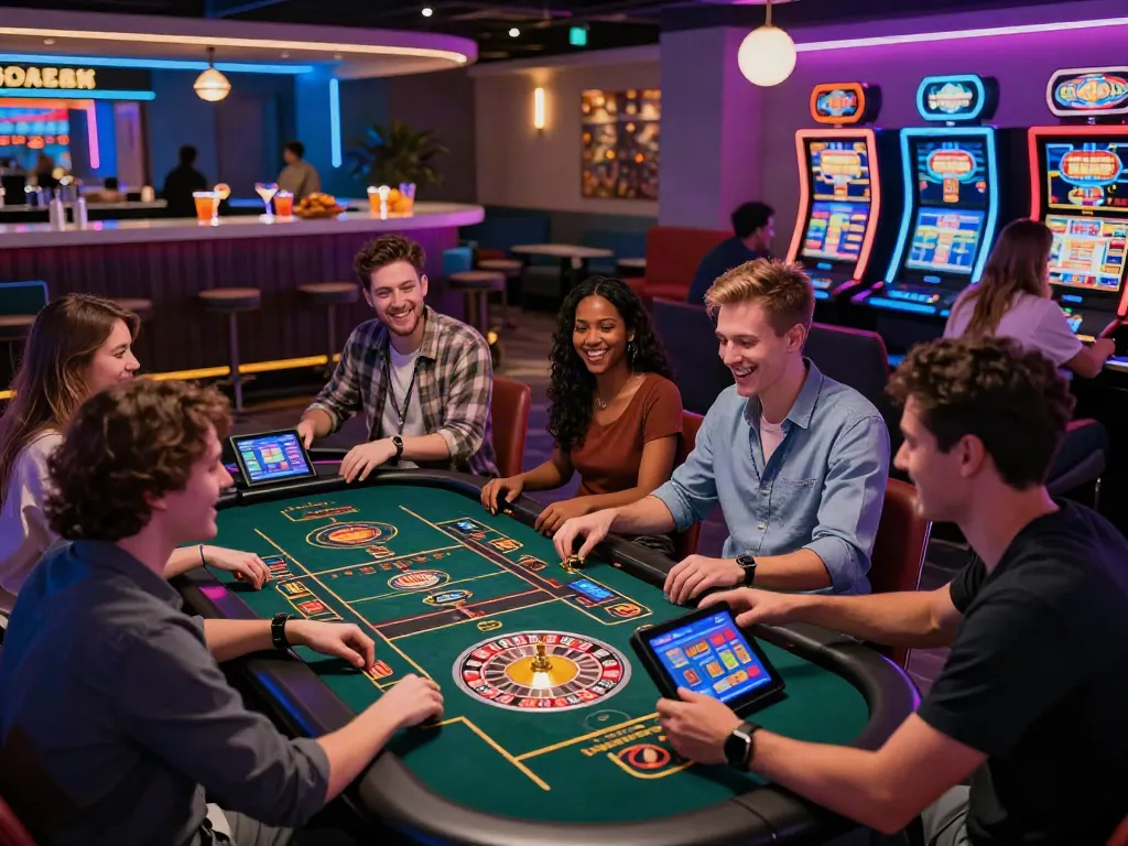 Group of friends enjoying sites not on gamstop at a vibrant online casino.