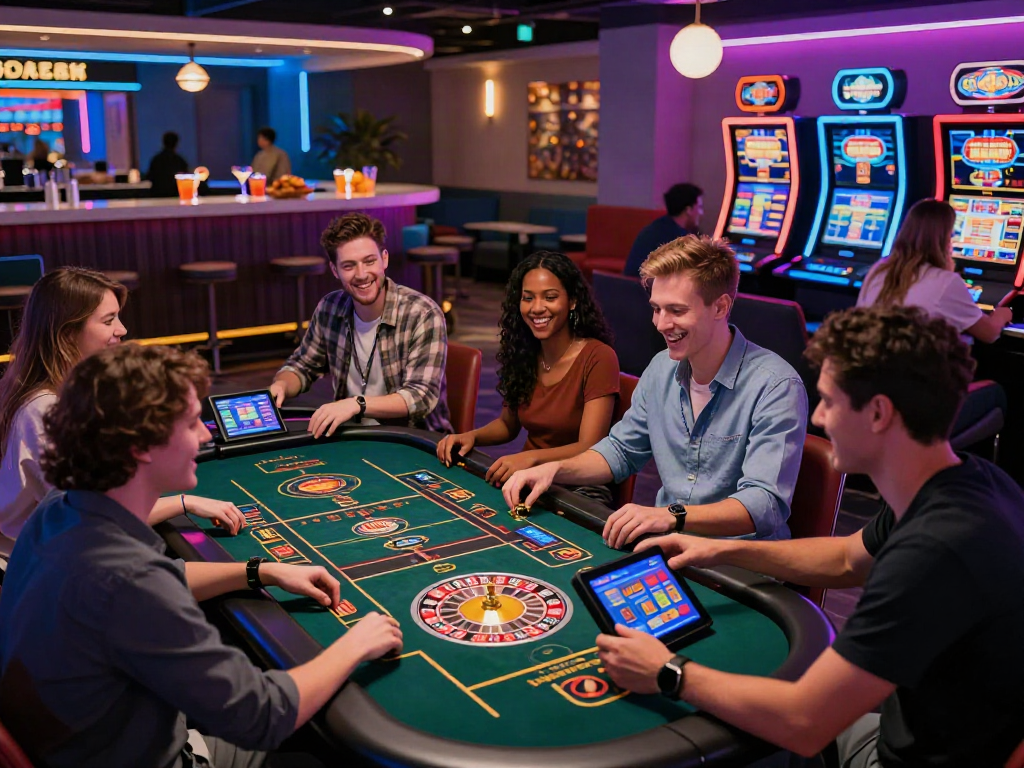 Group of friends enjoying sites not on gamstop at a vibrant online casino.
