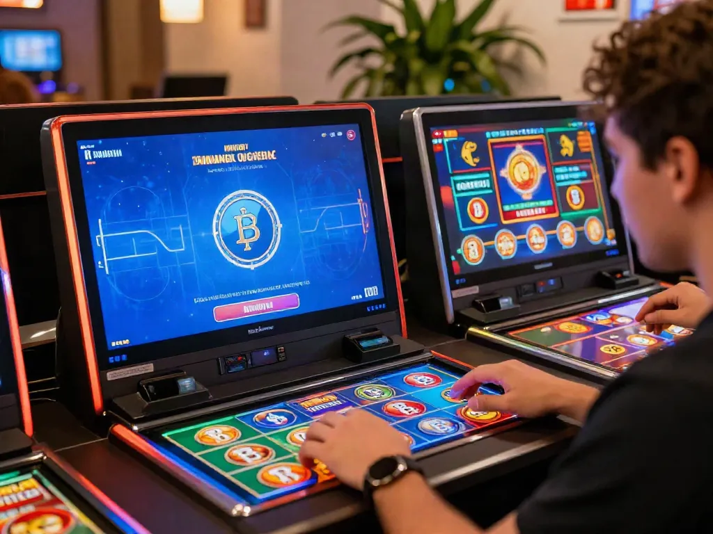 Player engaging with sites not on gamstop on smartphone amid vibrant gaming graphics.
