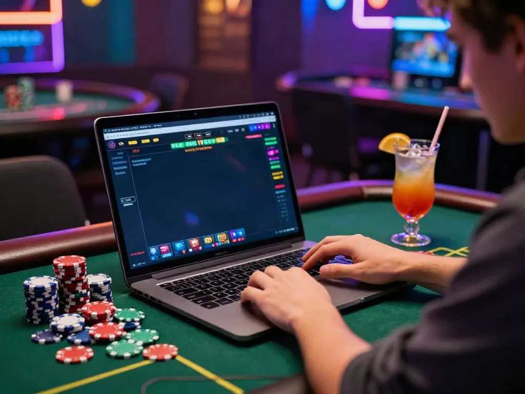 Player enjoying sites not on gamstop in a colorful online casino setting