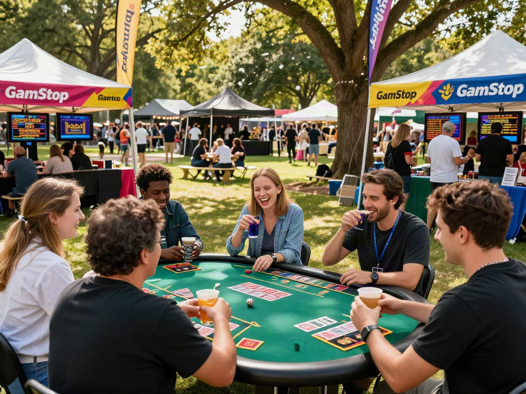 Outdoor gambling festival highlighting sites not on GamStop with joyful attendees.