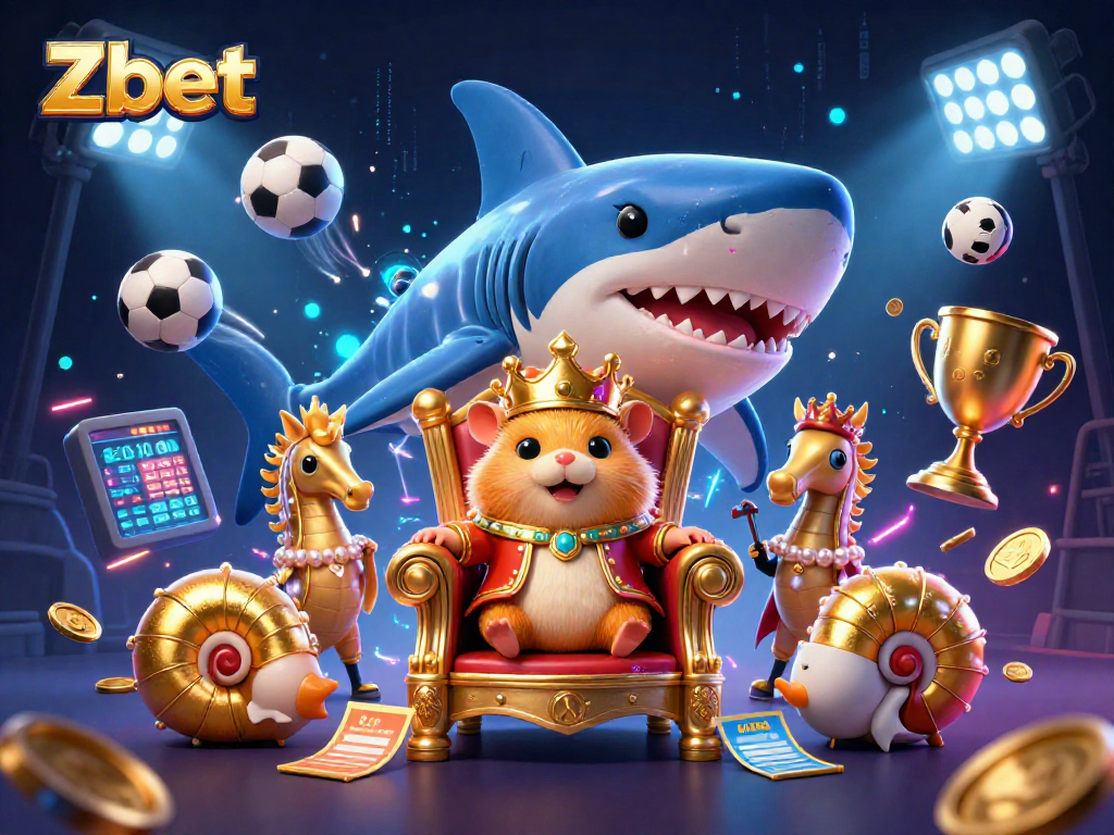 Zbet brings excitement to online gaming with a golden hamster king on a shark throne surrounded by sports elements.