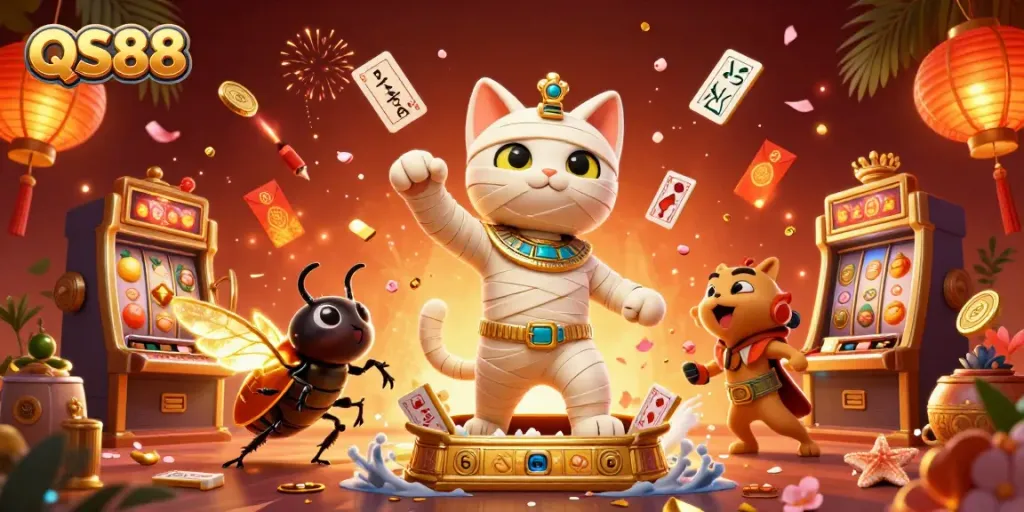 Win big at QS88 with the 3D mummy cat in a vibrant casino scene filled with jackpots and excitement.
