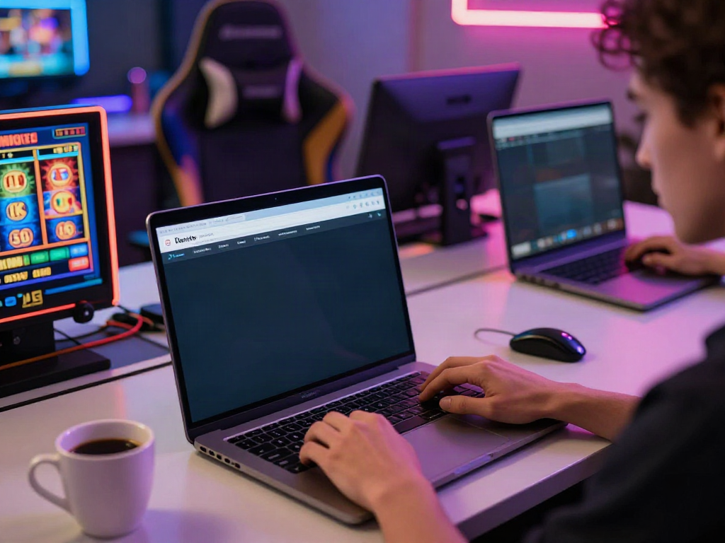 Player exploring sites not on Gamstop in a modern home office.