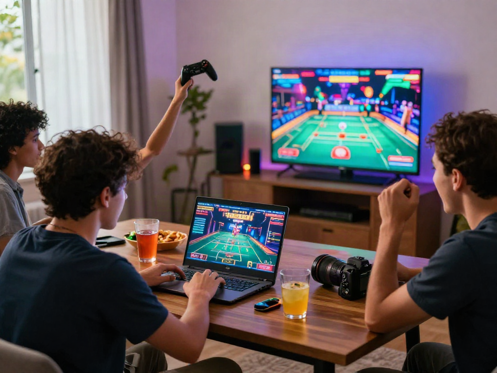 Friends engaging in gaming at home, showcasing sites not on gamstop excitement in a lively atmosphere.