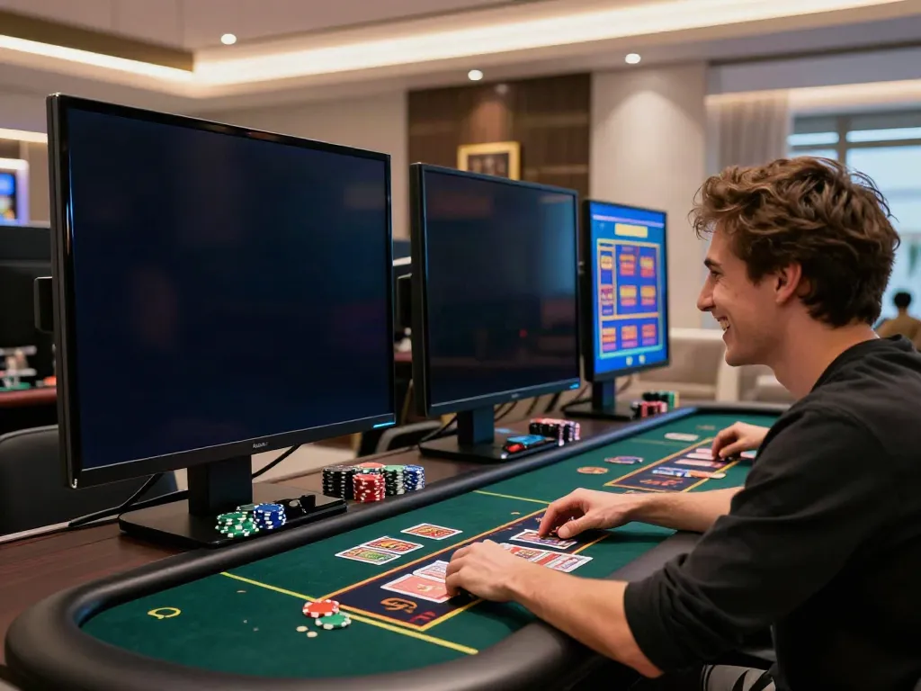Person enjoying online games at sites not on gamstop in stylish living room.