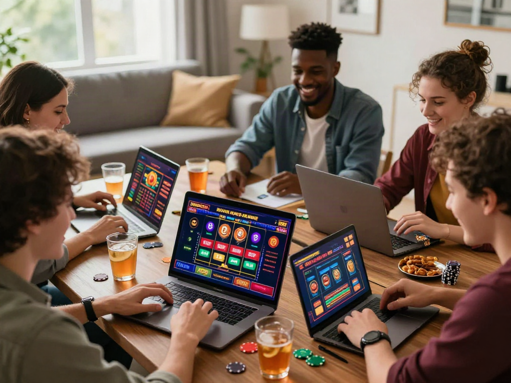 Friends enjoying online gaming at sites not on gamstop with lively atmosphere.