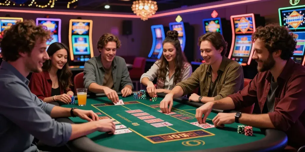 Group of friends enjoying sites not on gamstop at vibrant casino table.